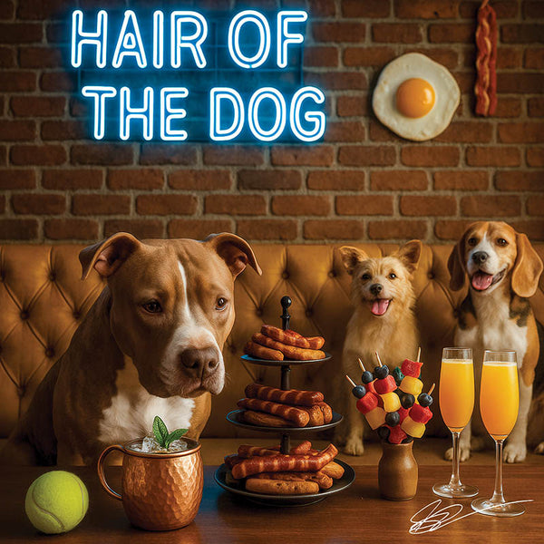 Hair of the Dog Pit Bull 011 Ruff & Ready Funny Canine Art neon lights, bacon-woven flair, and egg murals
