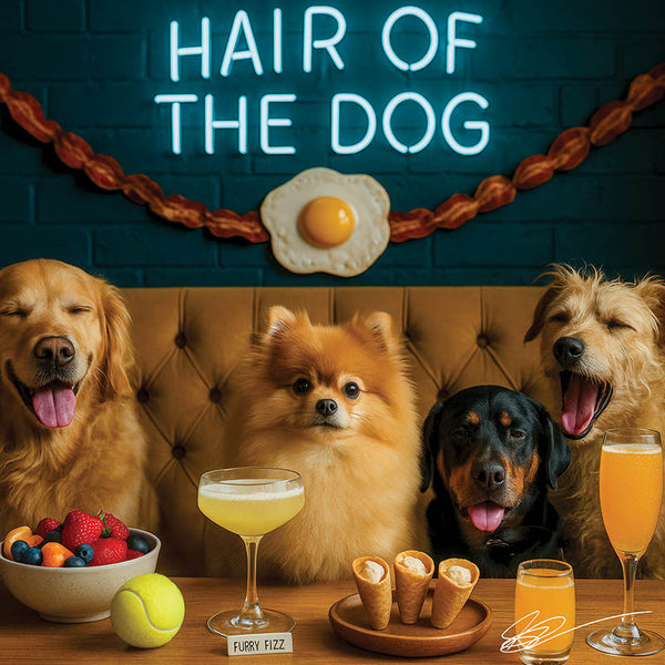 Hair of the Dog Pomeranian 005 Ruff & Ready Funny Canine Art neon lights, bacon-woven flair, and egg murals