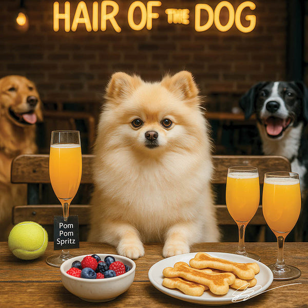 Hair of the Dog Pomeranian 009 Ruff & Ready Funny Canine Art neon lights, bacon-woven flair, and egg murals