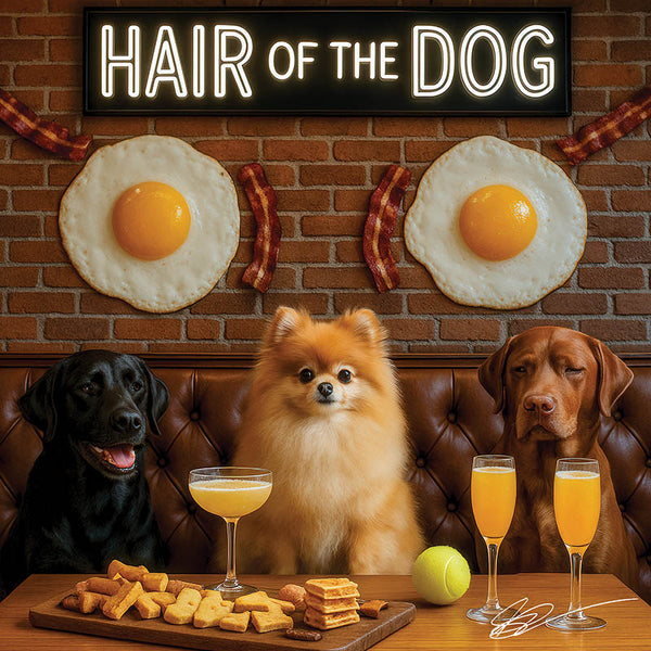 Hair of the Dog Pomeranian 010 Ruff & Ready Funny Canine Art neon lights, bacon-woven flair, and egg murals