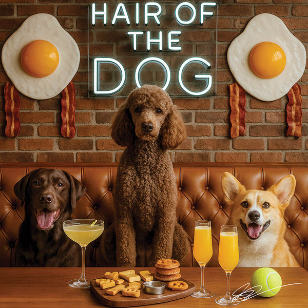 Hair of the Dog Poodle 011 Ruff & Ready Funny Canine Art neon lights, bacon-woven flair, and egg murals