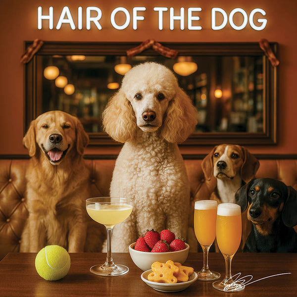 Hair of the Dog Poodle 012 Ruff & Ready Funny Canine Art neon lights, bacon-woven flair, and egg murals