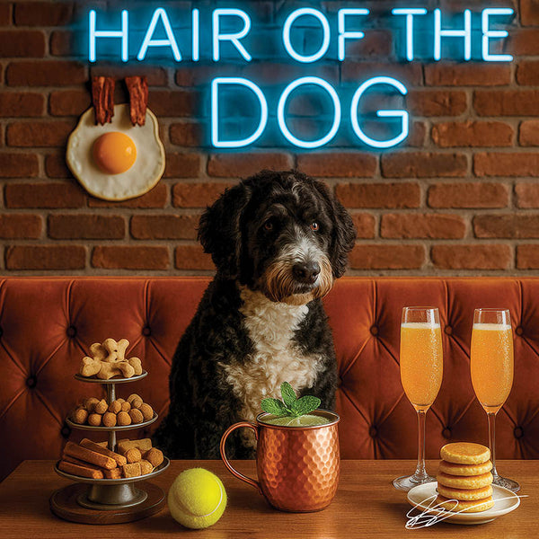 Hair of the Dog Portuguese Water Dog 001 Ruff & Ready Funny Canine Art neon lights, bacon-woven flair, and egg murals