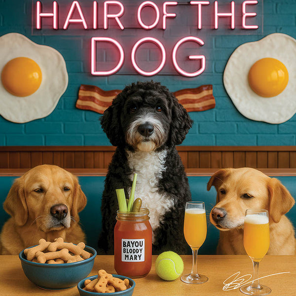 Hair of the Dog Portuguese Water Dog 003 Ruff & Ready Funny Canine Art neon lights, bacon-woven flair, and egg murals