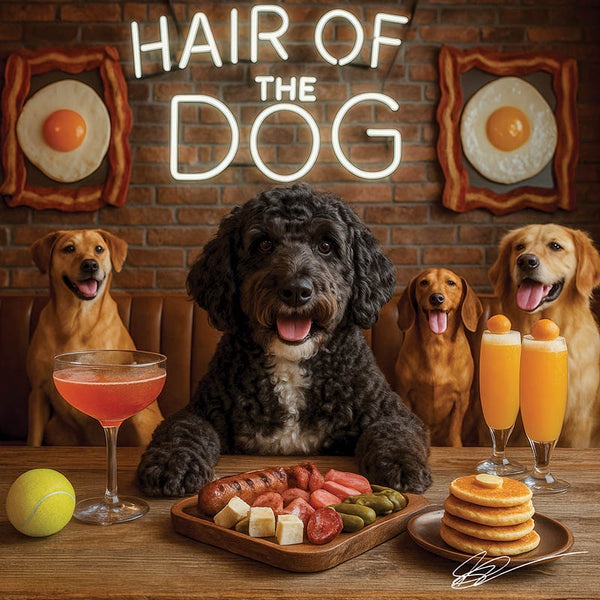 Hair of the Dog Portuguese Water Dog 005 Ruff & Ready Funny Canine Art neon lights, bacon-woven flair, and egg murals