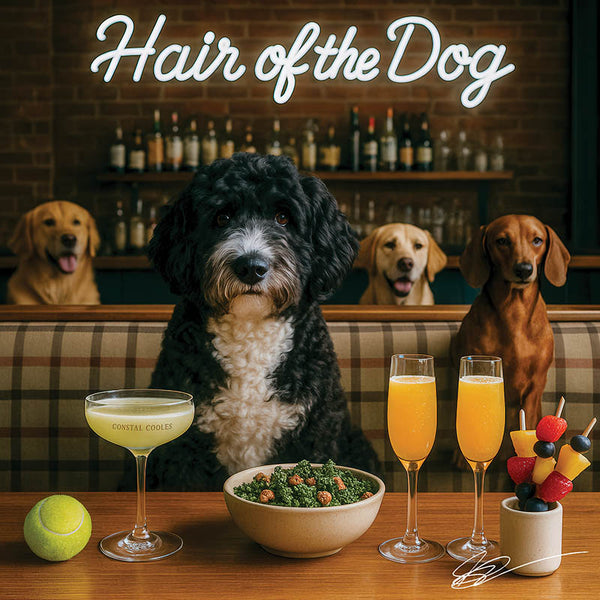 Hair of the Dog Portuguese Water Dog 007 Ruff & Ready Funny Canine Art neon lights, bacon-woven flair, and egg murals