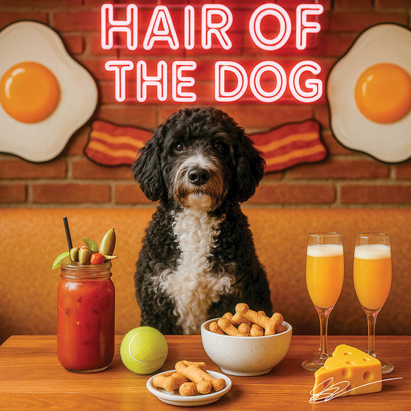 Hair of the Dog Portuguese Water Dog 011 Ruff & Ready Funny Canine Art neon lights, bacon-woven flair, and egg murals