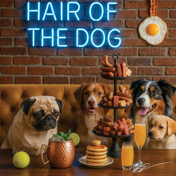 Hair of the Dog Pug 006 Ruff & Ready Funny Canine Art neon lights, bacon-woven flair, and egg murals