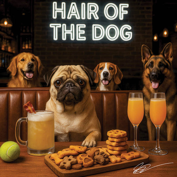 Hair of the Dog Pug 009 Ruff & Ready Funny Canine Art neon lights, bacon-woven flair, and egg murals
