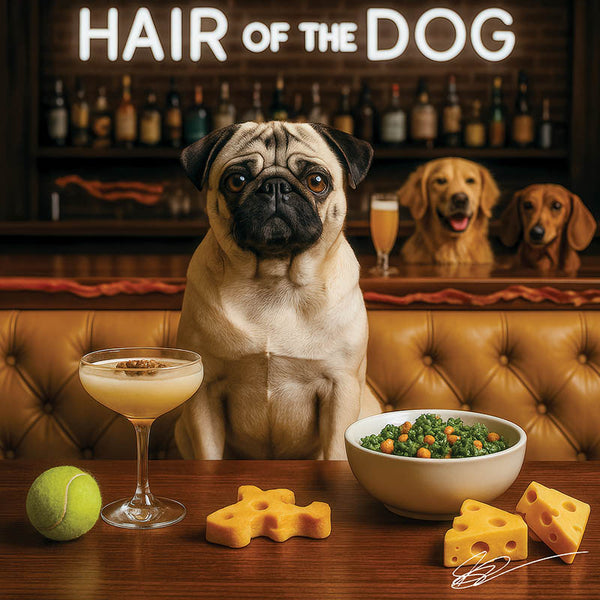 Hair of the Dog Pug 012 Ruff & Ready Funny Canine Art neon lights, bacon-woven flair, and egg murals