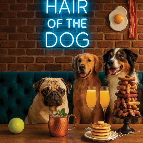 Hair of the Dog Pug 018 Ruff & Ready Funny Canine Art neon lights, bacon-woven flair, and egg murals