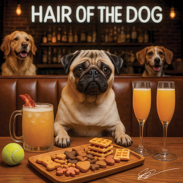 Hair of the Dog Pug 019 Ruff & Ready Funny Canine Art neon lights, bacon-woven flair, and egg murals