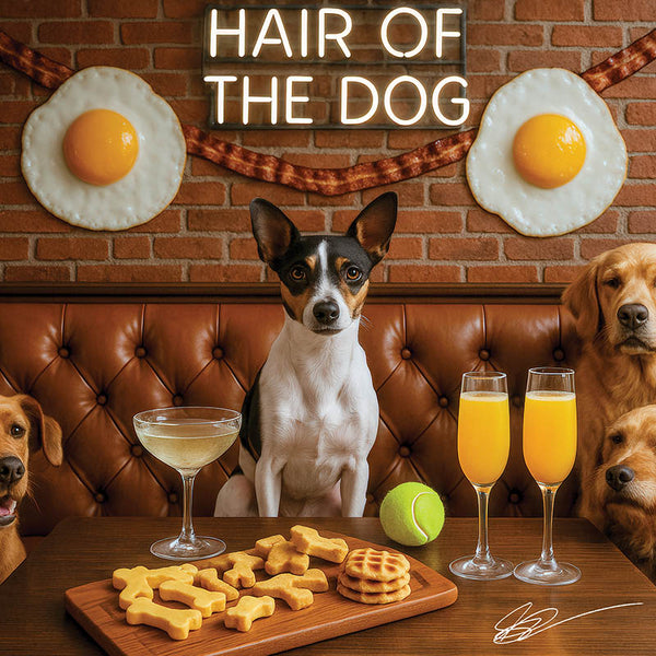 Hair of the Dog Rat Terrier 009 Ruff & Ready Funny Canine Art neon lights, bacon-woven flair, and egg murals
