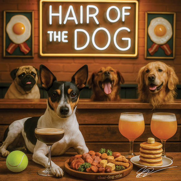 Hair of the Dog Rat Terrier 010 Ruff & Ready Funny Canine Art neon lights, bacon-woven flair, and egg murals