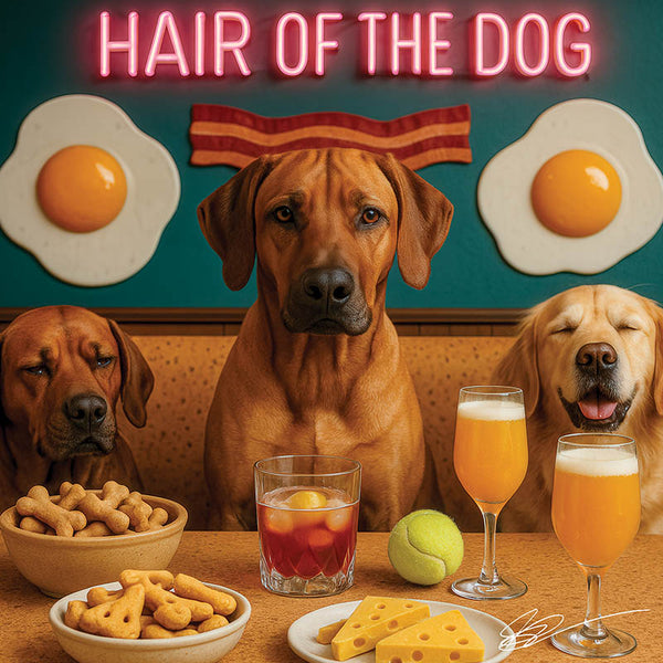 Hair of the Dog Rhodesian Ridgeback 003 Ruff & Ready Funny Canine Art neon lights, bacon-woven flair, and egg murals