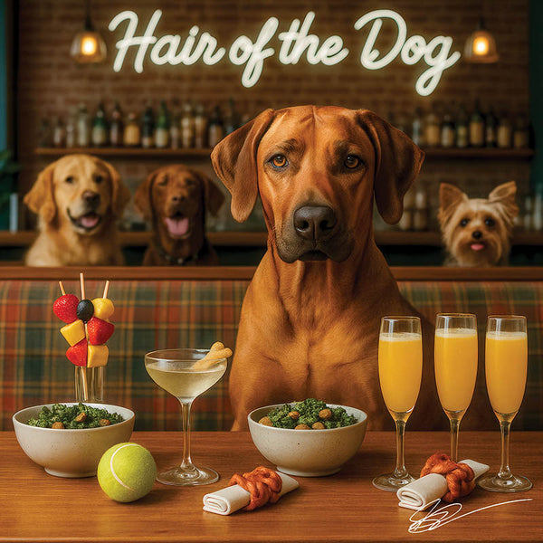 Hair of the Dog Rhodesian Ridgeback 012 Ruff & Ready Funny Canine Art neon lights, bacon-woven flair, and egg murals