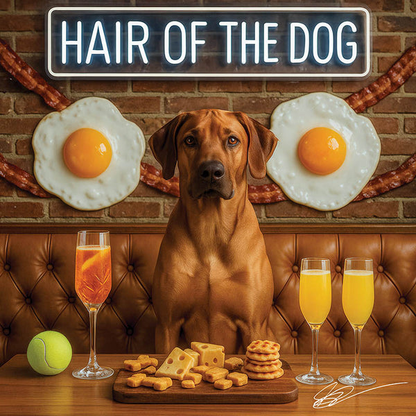 Hair of the Dog Rhodesian Ridgeback 014 Ruff & Ready Funny Canine Art neon lights, bacon-woven flair, and egg murals