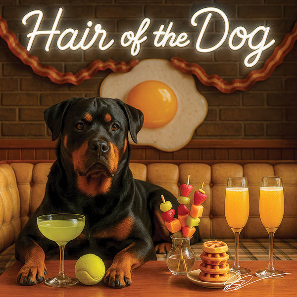 Hair of the Dog Rottweiler 003 Ruff & Ready Funny Canine Art neon lights, bacon-woven flair, and egg murals