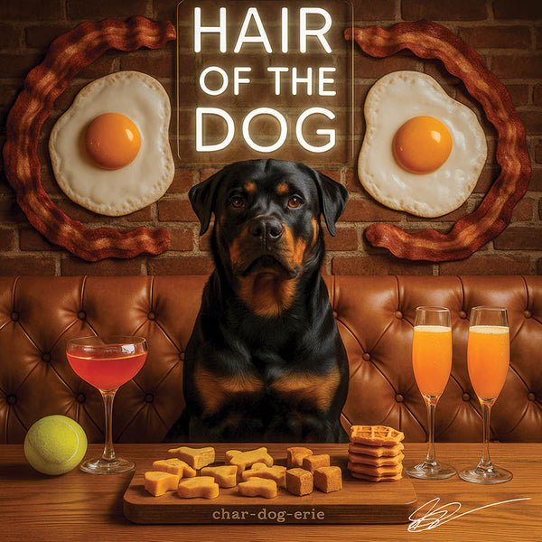 Hair of the Dog Rottweiler 004 Ruff & Ready Funny Canine Art neon lights, bacon-woven flair, and egg murals