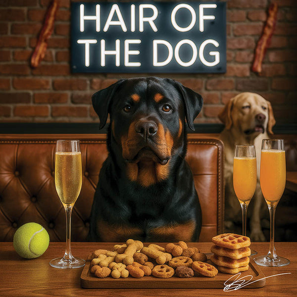 Hair of the Dog Rottweiler 007 Ruff & Ready Funny Canine Art neon lights, bacon-woven flair, and egg murals