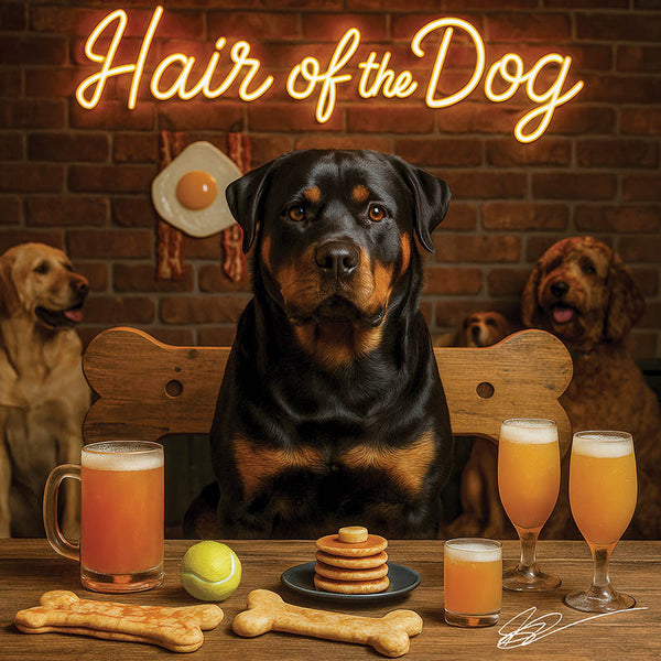 Hair of the Dog Rottweiler 008 Ruff & Ready Funny Canine Art neon lights, bacon-woven flair, and egg murals