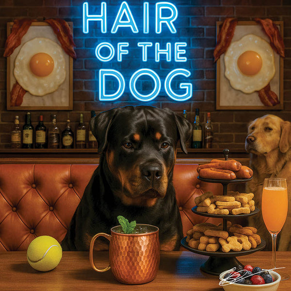 Hair of the Dog Rottweiler 009 Ruff & Ready Funny Canine Art neon lights, bacon-woven flair, and egg murals