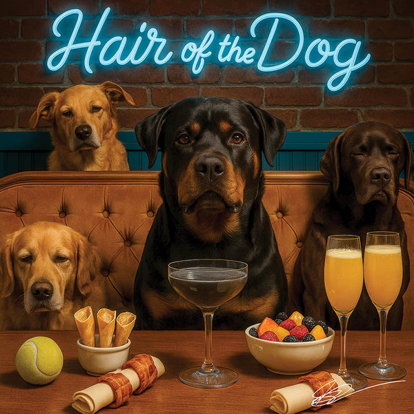 Hair of the Dog Rottweiler 012 Ruff & Ready Funny Canine Art neon lights, bacon-woven flair, and egg murals