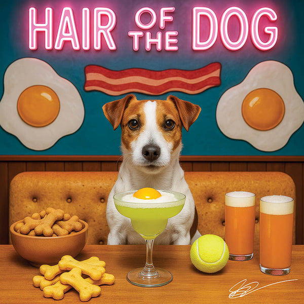 Hair of the Dog Russell Terrier 001 Ruff & Ready Funny Canine Art neon lights, bacon-woven flair, and egg murals