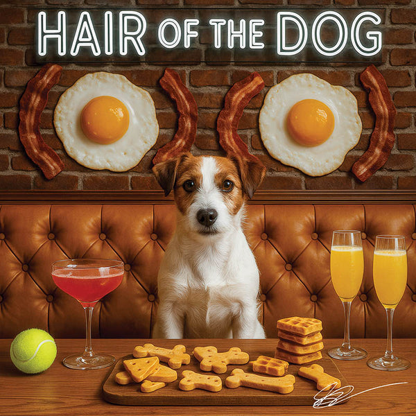 Hair of the Dog Russell Terrier 004 Ruff & Ready Funny Canine Art neon lights, bacon-woven flair, and egg murals
