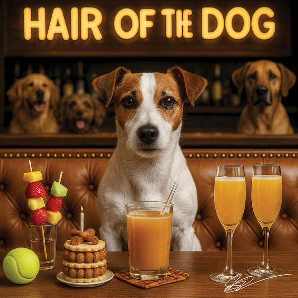 Hair of the Dog Russell Terrier 006 Ruff & Ready Funny Canine Art neon lights, bacon-woven flair, and egg murals