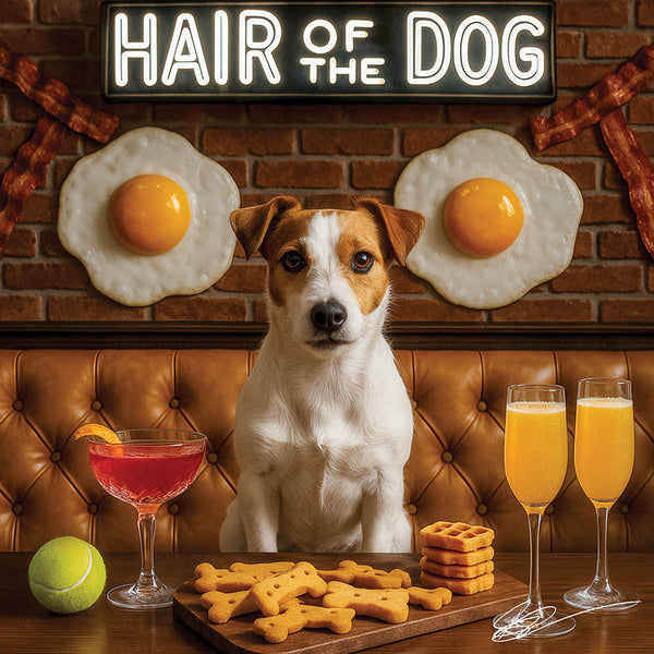 Hair of the Dog Russell Terrier 007 Ruff & Ready Funny Canine Art neon lights, bacon-woven flair, and egg murals