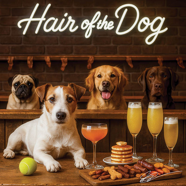 Hair of the Dog Russell Terrier 015 Ruff & Ready Funny Canine Art neon lights, bacon-woven flair, and egg murals