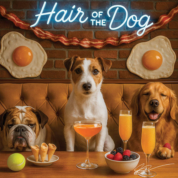 Hair of the Dog Russell Terrier 016 Ruff & Ready Funny Canine Art neon lights, bacon-woven flair, and egg murals