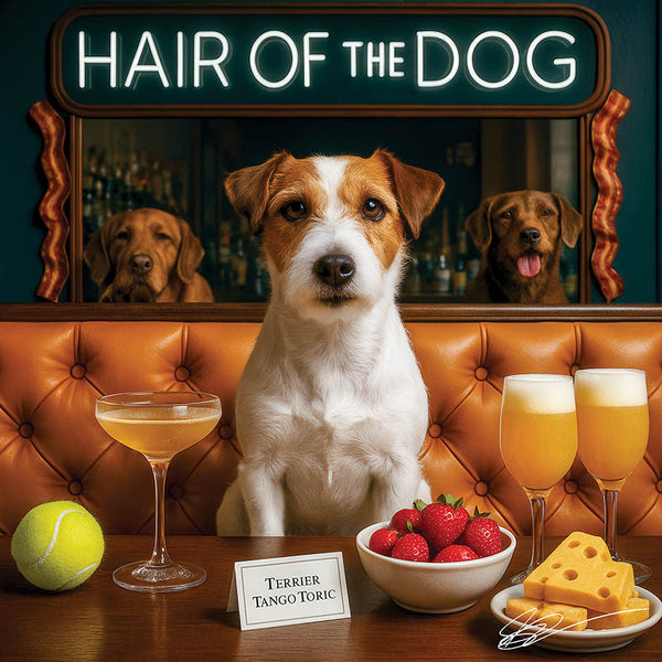 Hair of the Dog Russell Terrier 017 Ruff & Ready Funny Canine Art neon lights, bacon-woven flair, and egg murals