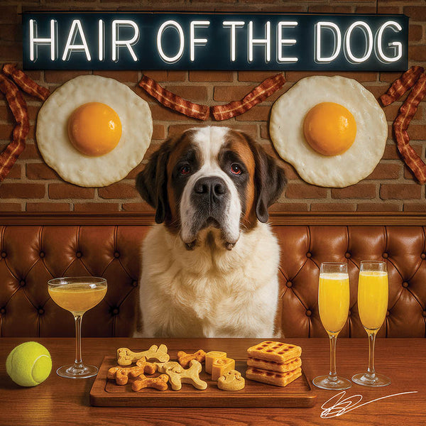 Hair of the Dog Saint Bernard 002 Ruff & Ready Funny Canine Art neon lights, bacon-woven flair, and egg murals