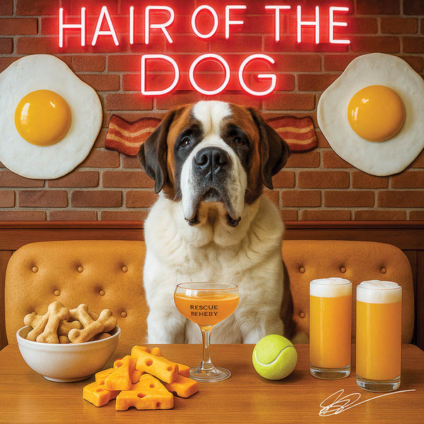 Hair of the Dog Saint Bernard 005 Ruff & Ready Funny Canine Art neon lights, bacon-woven flair, and egg murals