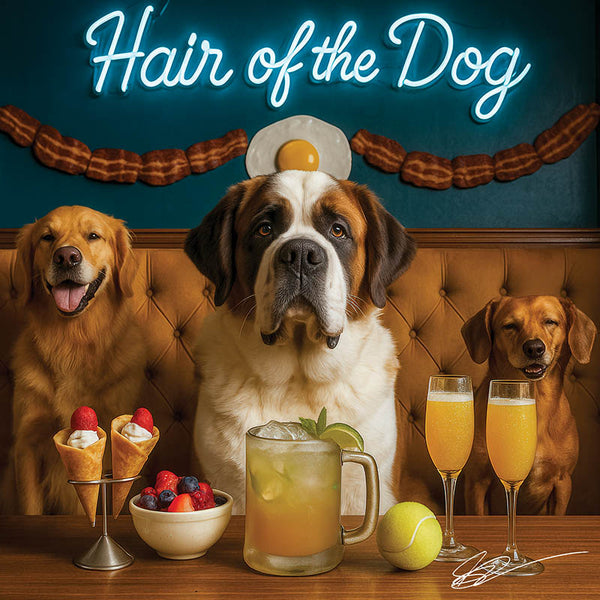 Hair of the Dog Saint Bernard 007 Ruff & Ready Funny Canine Art neon lights, bacon-woven flair, and egg murals