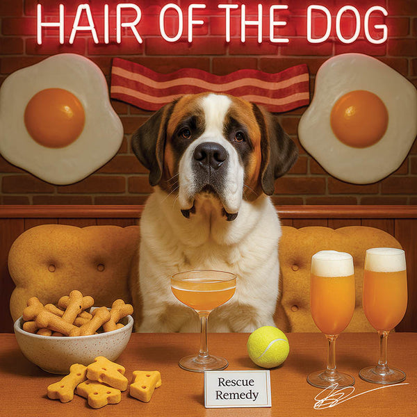 Hair of the Dog Saint Bernard 012 Ruff & Ready Funny Canine Art neon lights, bacon-woven flair, and egg murals