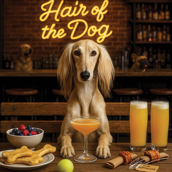 Hair of the Dog Saluki 002 Ruff & Ready Funny Canine Art neon lights, bacon-woven flair, and egg murals