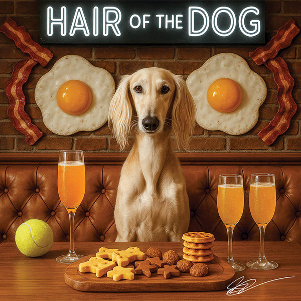 Hair of the Dog Saluki 003 Ruff & Ready Funny Canine Art neon lights, bacon-woven flair, and egg murals