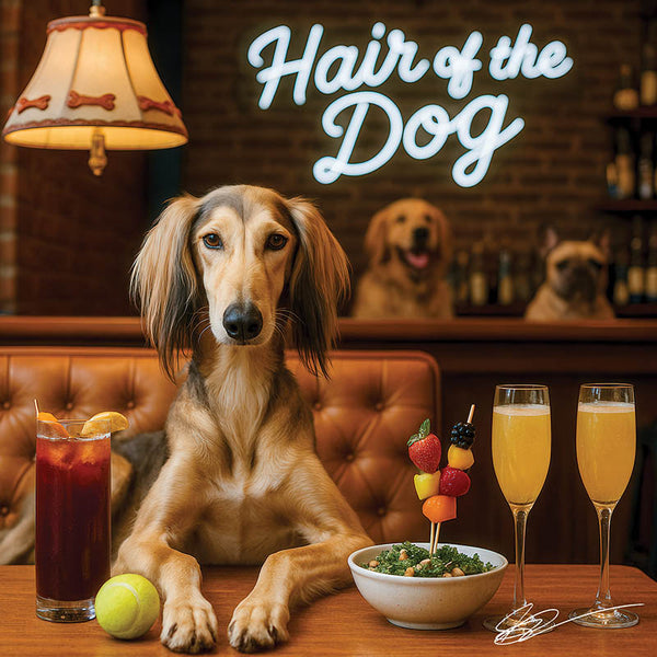 Hair of the Dog Saluki 004 Ruff & Ready Funny Canine Art neon lights, bacon-woven flair, and egg murals