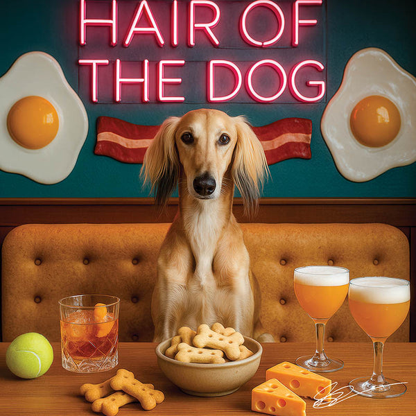 Hair of the Dog Saluki 006 Ruff & Ready Funny Canine Art neon lights, bacon-woven flair, and egg murals