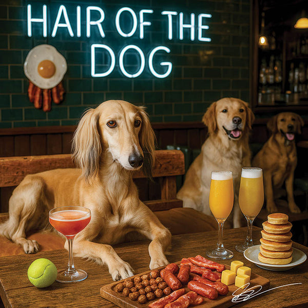 Hair of the Dog Saluki 008 Ruff & Ready Funny Canine Art neon lights, bacon-woven flair, and egg murals