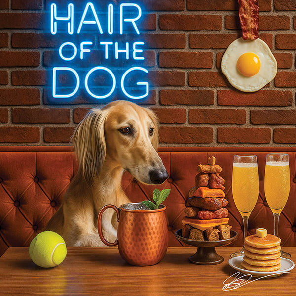 Hair of the Dog Saluki 011 Ruff & Ready Funny Canine Art neon lights, bacon-woven flair, and egg murals