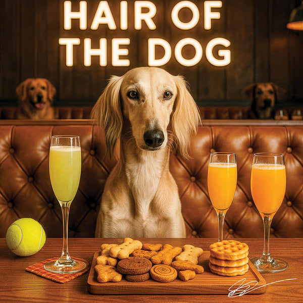 Hair of the Dog Saluki 012 Ruff & Ready Funny Canine Art neon lights, bacon-woven flair, and egg murals