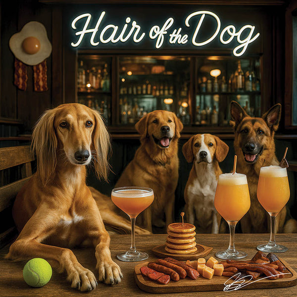 Hair of the Dog Saluki 015 Ruff & Ready Funny Canine Art neon lights, bacon-woven flair, and egg murals
