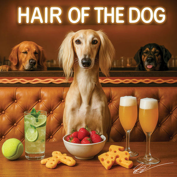 Hair of the Dog Saluki 016 Ruff & Ready Funny Canine Art neon lights, bacon-woven flair, and egg murals