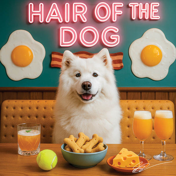 Hair of the Dog Samoyed 002 Ruff & Ready Funny Canine Art neon lights, bacon-woven flair, and egg murals