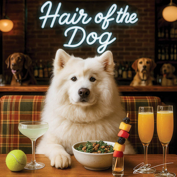 Hair of the Dog Samoyed 003 Ruff & Ready Funny Canine Art neon lights, bacon-woven flair, and egg murals