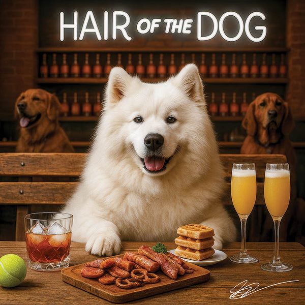 Hair of the Dog Samoyed 009 Ruff & Ready Funny Canine Art neon lights, bacon-woven flair, and egg murals
